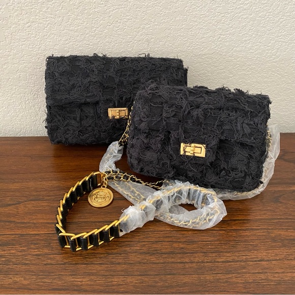 Black Fringe Tweed Leather Classic Single Flap Crossbody Chain Bag Medallion C2 - Picture 1 of 14